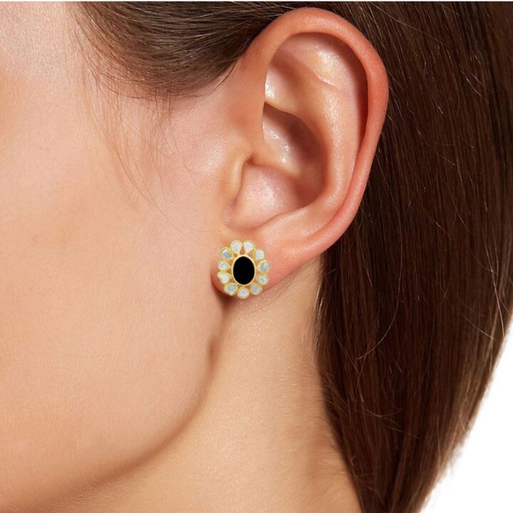 NEW Savvy Cie 18K Gold Vermeil Sliced Raw Diamond Black Spinel Floral Stud Fine - Picture 2 of 2